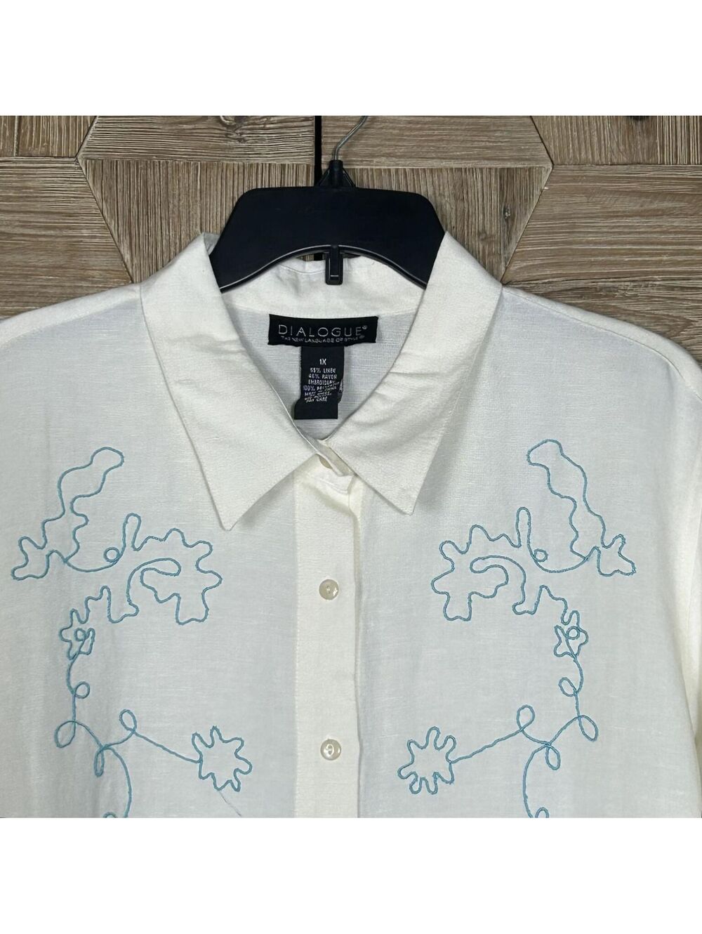 Dialogue Cream Cottagecore Embroidered Linen Rayon Button Up Shirt 1X Boho
